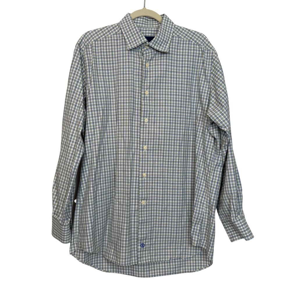 David Donahue Trim Fit Plaid Dress Shirt Blue Green 17.5 34/35 Cotton